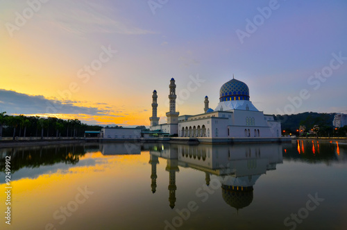 Morning reflection of Likas mosque or also known as Masjid Bandaraya Kinabalu, Borneo, Sabah, Malaysia 