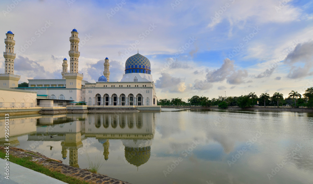 Morning reflection of Likas mosque or also known as Masjid Bandaraya Kinabalu, Borneo, Sabah, Malaysia
