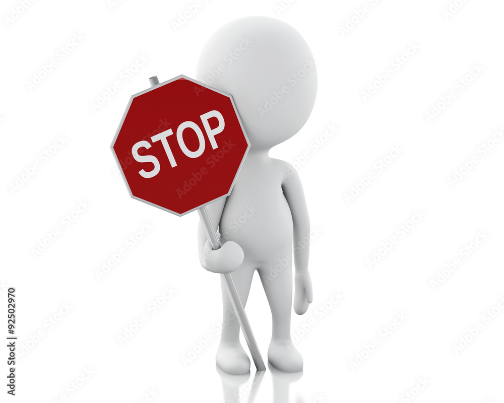 3d white people standing and holding a stop sign. 3d white people standing and holding a stop sign.