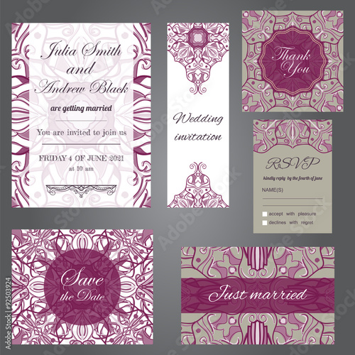 Wedding set in vintage ornamental style. Invitation; save the date card; thank you card; rsvp card; just married card