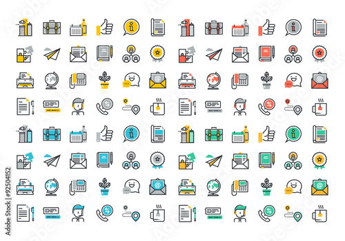 Flat line colorful icons collection of business essentials object, office tools, professional solution item, company information and services, communication and support.