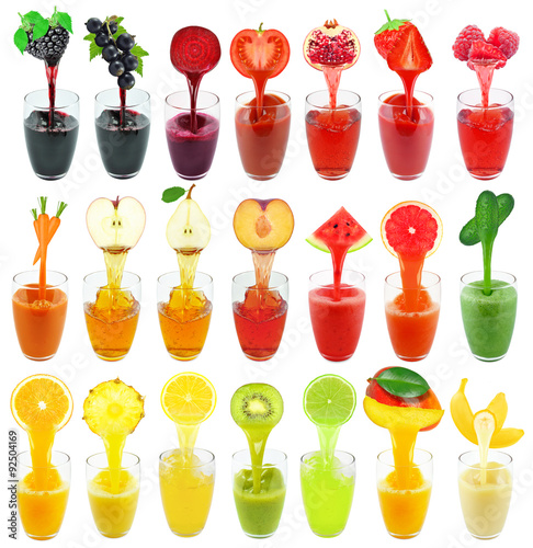 Fototapeta collage of fruit and vegetable juice isolated on white