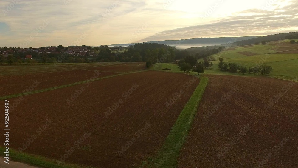 Aerial view of fields and forests at sunrise Aerial view of fields and forests at sunrise