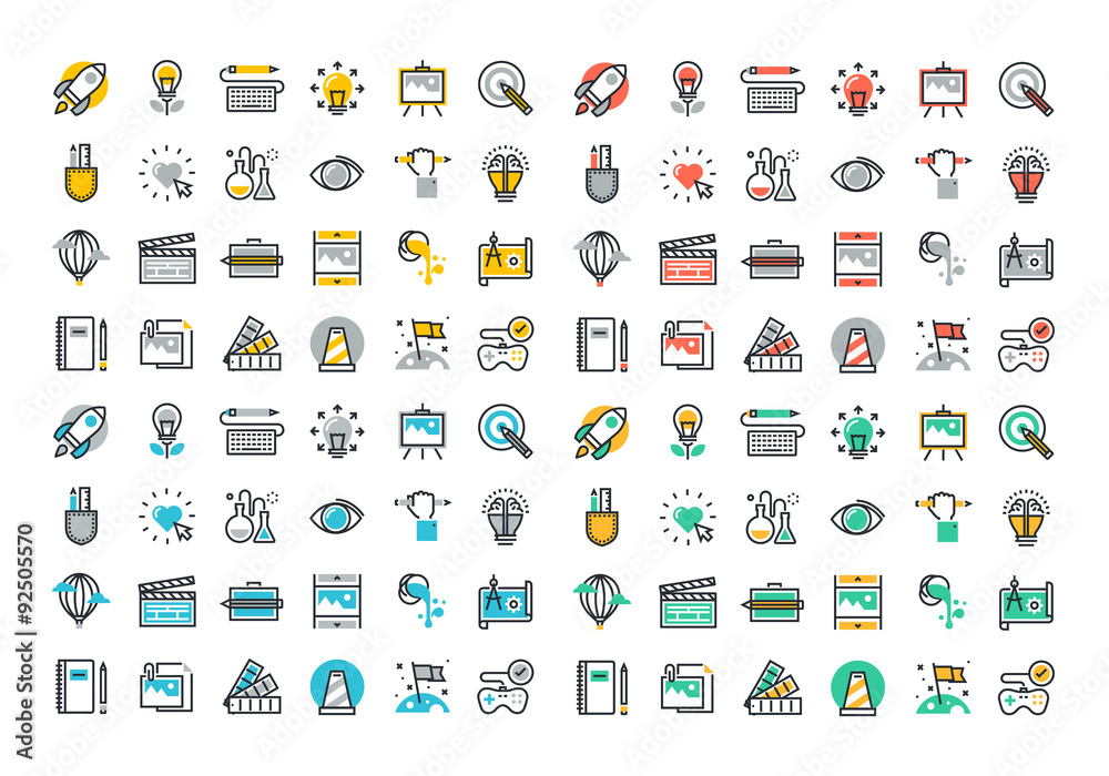 Flat line colorful icons collection of creative process, design, art, movie, making and editing of photography, literature, painting, product development, artist portfolio.