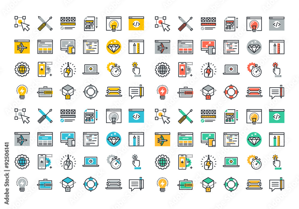 Flat line colorful icons collection of web design and development, responsive design, app development, online security, web programming, mobile website development. Flat line colorful icons collection of web design and development, responsive design, app development, online security, web programming, mobile website development.