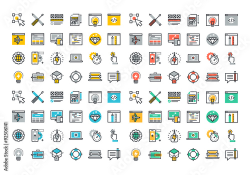Flat line colorful icons collection of web design and development, responsive design, app development, online security, web programming, mobile website development.