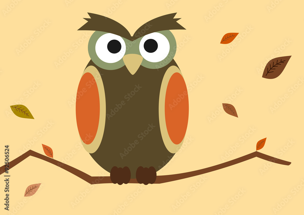 Fototapeta premium cartoon owl on branch with autumn leaf vector background illustration