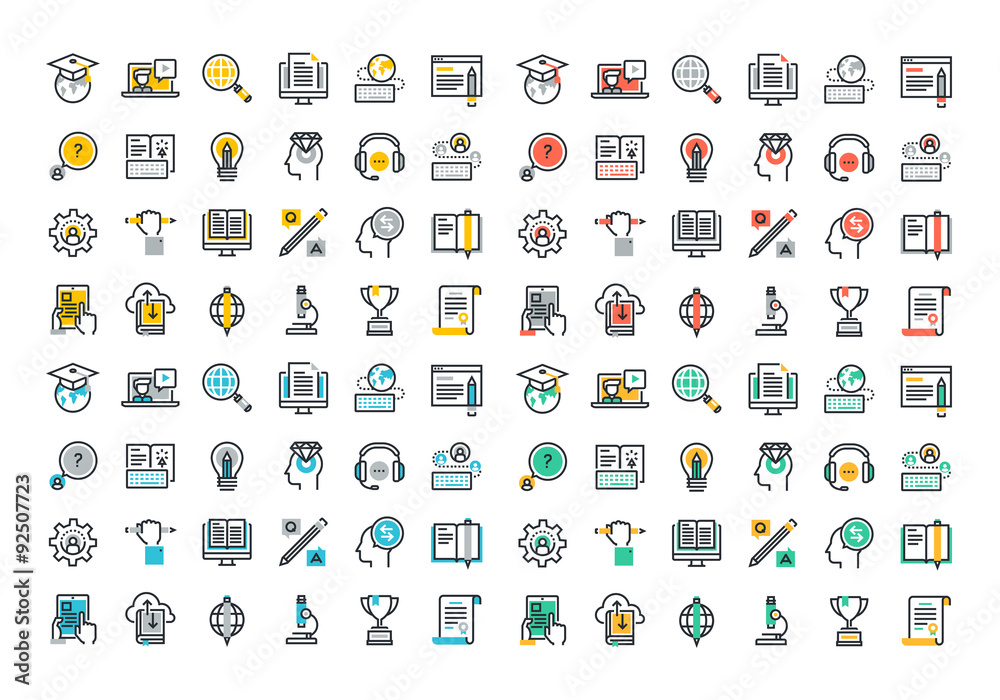 Flat line colorful icons collection of global education, e-learning, online training and courses, video tutorials, staff training, digital library, retraining and specialization. Flat line colorful icons collection of global education, e-learning, online training and courses, video tutorials, staff training, digital library, retraining and specialization.