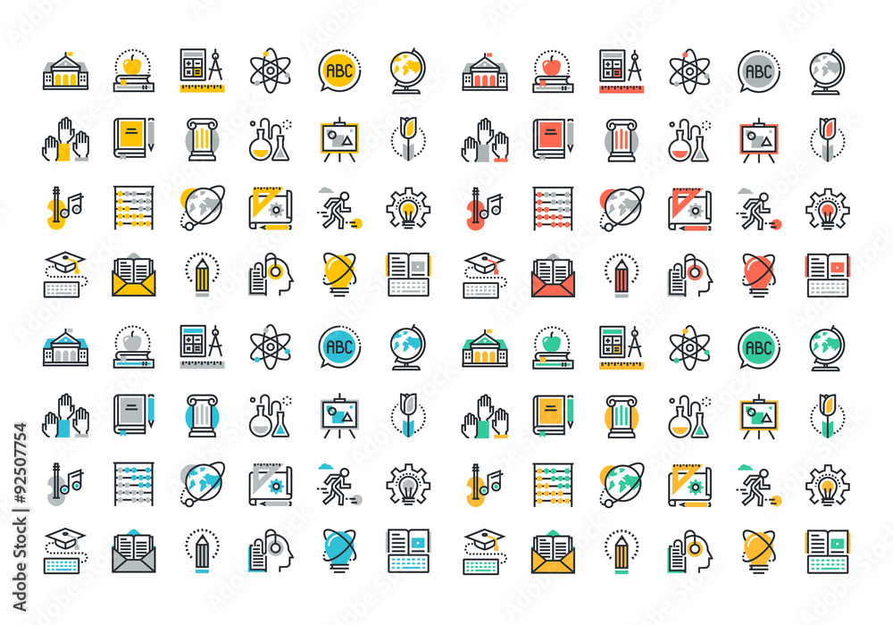 Fototapeta premium Flat line colorful icons collection of education and knowledge theme, basic and elementary study, university and college courses, distance education, webinar audio course, literature and e-book.