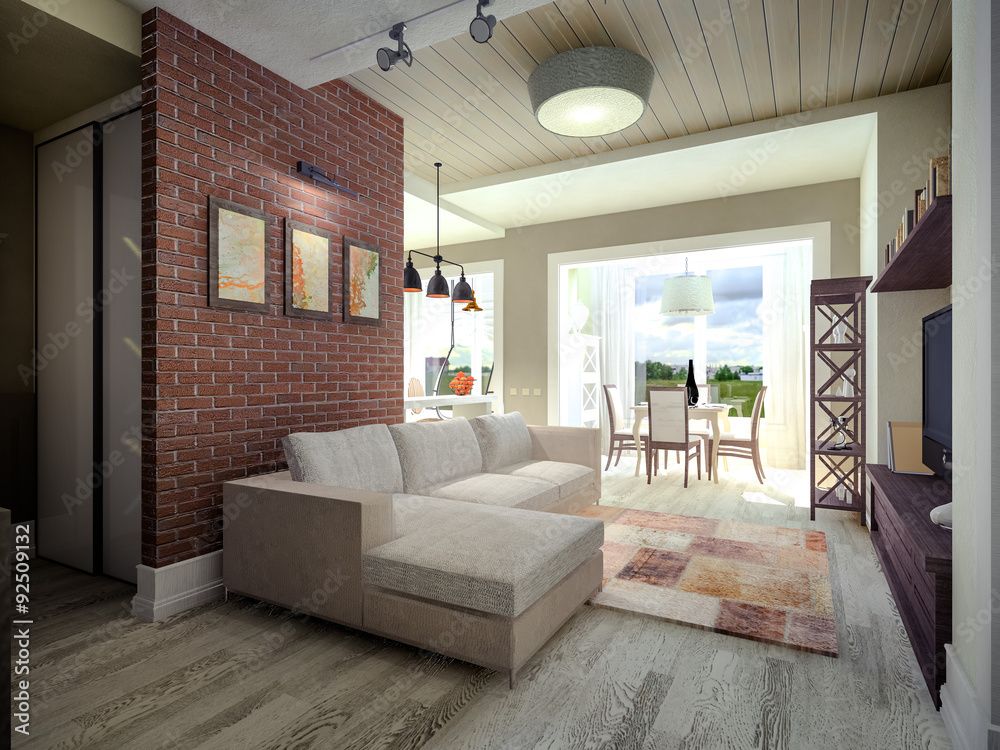 3D Visualization of a living room with a brick wall