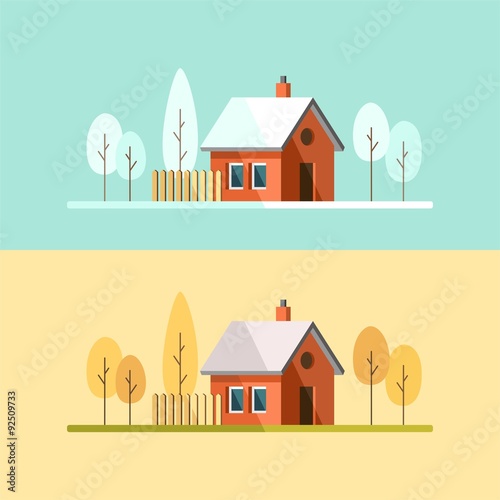 Winter house. Autumn house. Family suburban home. Vector flat illustration.