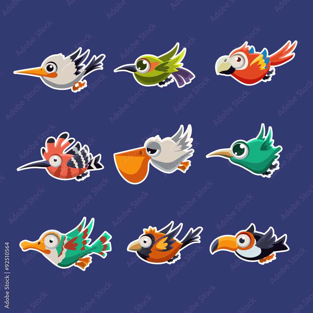 Fototapeta premium Colourful Flying Birds in Profile Vector Illustration Set