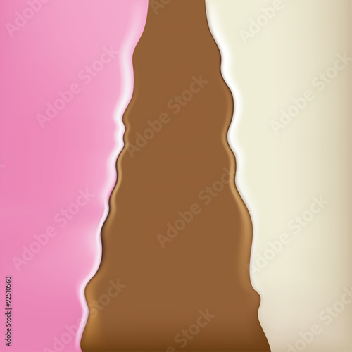 Background illustration of melted ice cream, strawberry, chocolate and vanilla