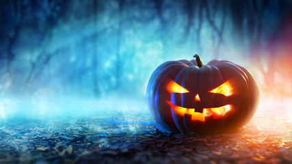 Halloween Pumpkin In A Mystic Forest At Night
