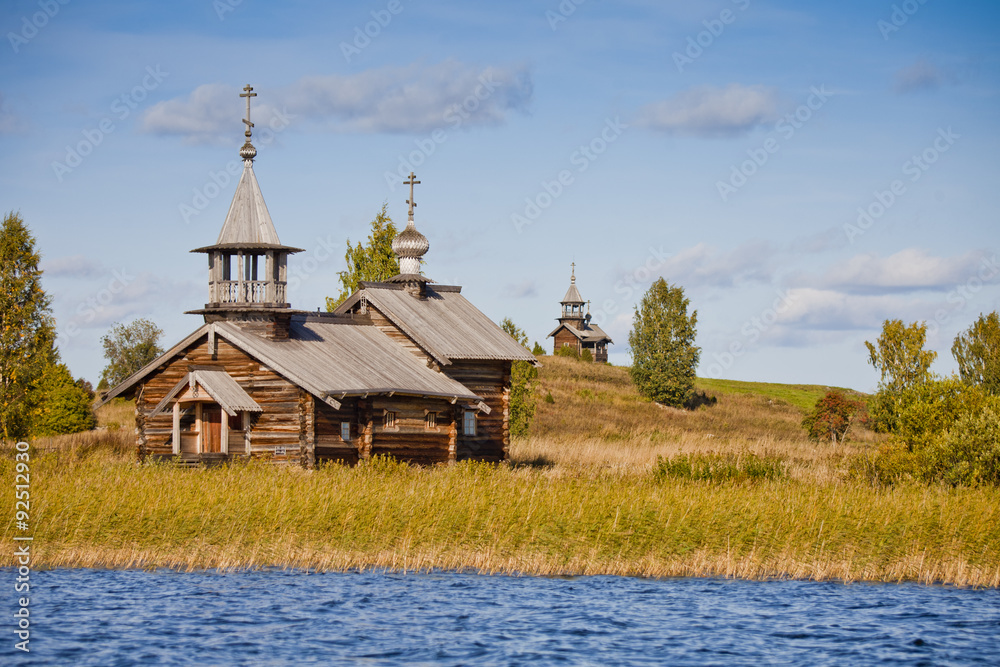 Christian orthodox wooden church in the autumn landscape. Museum Architecture on the island of Kizhi. Karelia, Russia