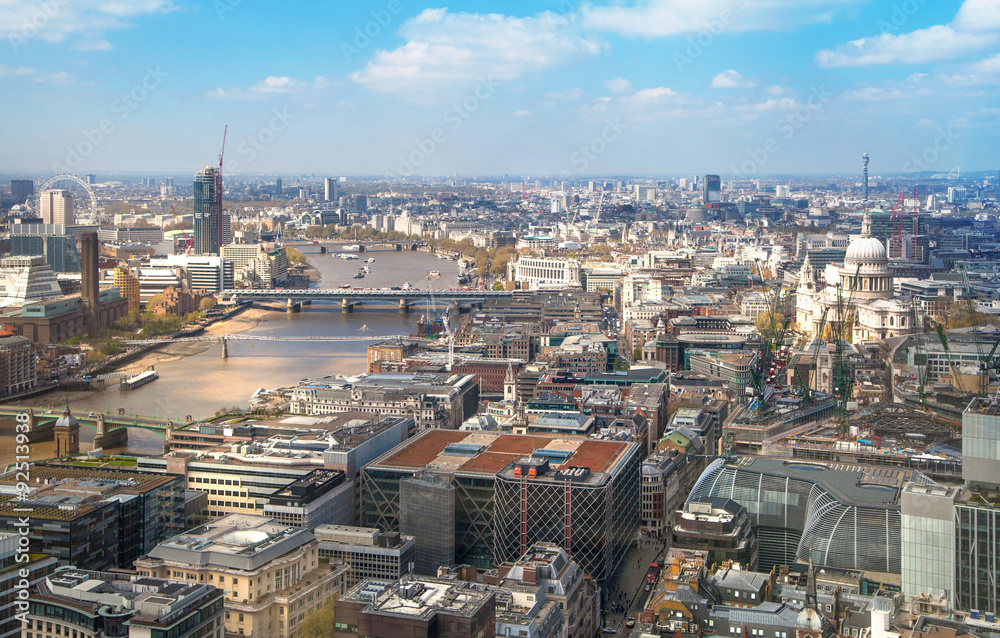 LONDON, UK - SEPTEMBER 17, 2015: City of London aerial view, Westminster side of city and bridges. London panorama form 32 floor of Walkie-Talkie building