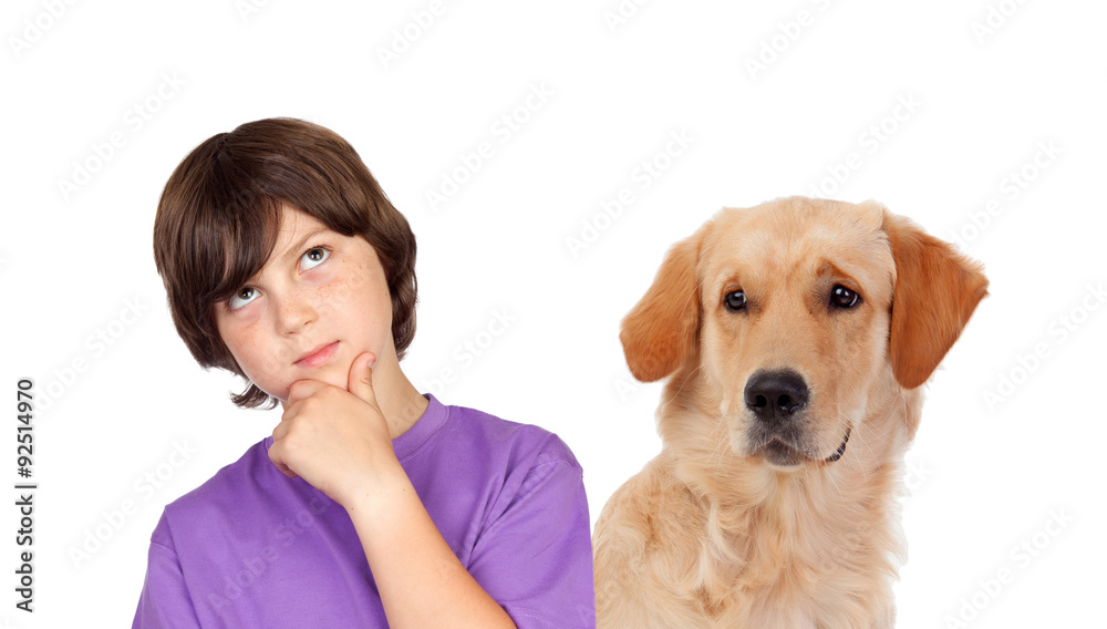 Pensive teenager boy with his dog Pensive teenager boy with his dog