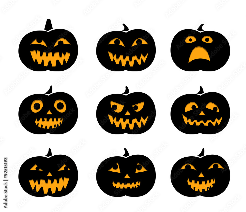 Set of black silhouette pumpkins with eyeball Set of black silhouette pumpkins with eyeball