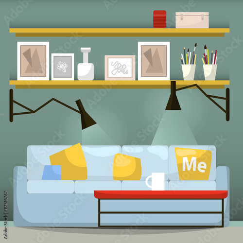 Stylish interior with shelves and light blue sofa