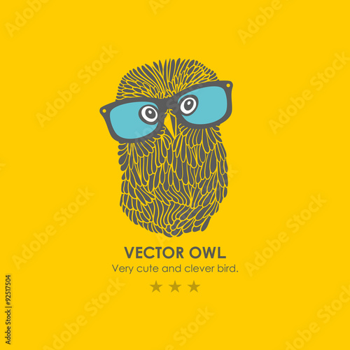 Print with cute and clever owl in glasses.