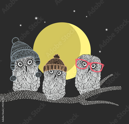Three owl friends on the tree in the night forest. Birds with warm hats of scandinavian style.