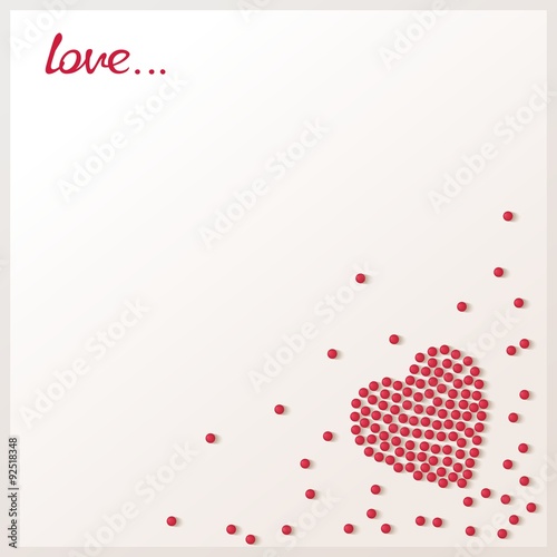 Love card with loose red beads in the shape of heart. Abstract vector background eps10