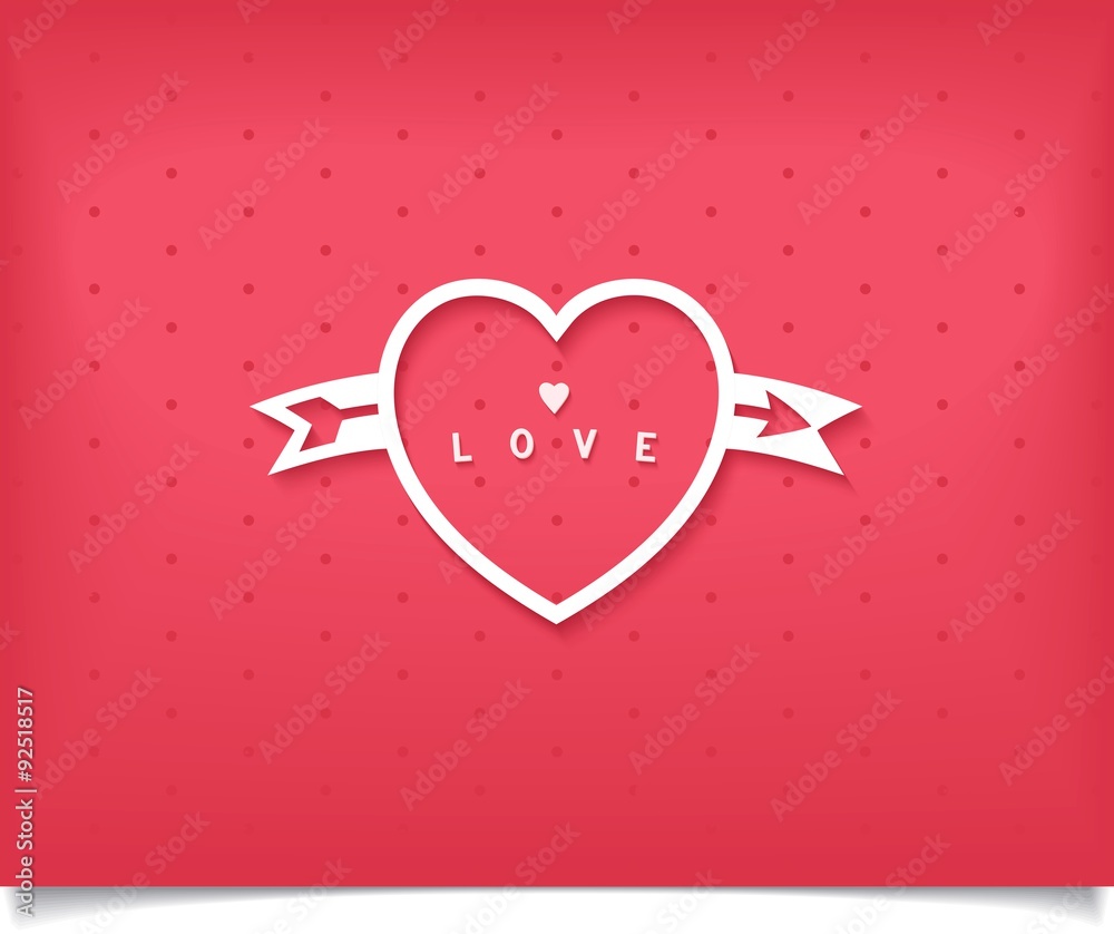 Creative white symbol of love - heart with arrow and word on red background. Vector illustration eps10
