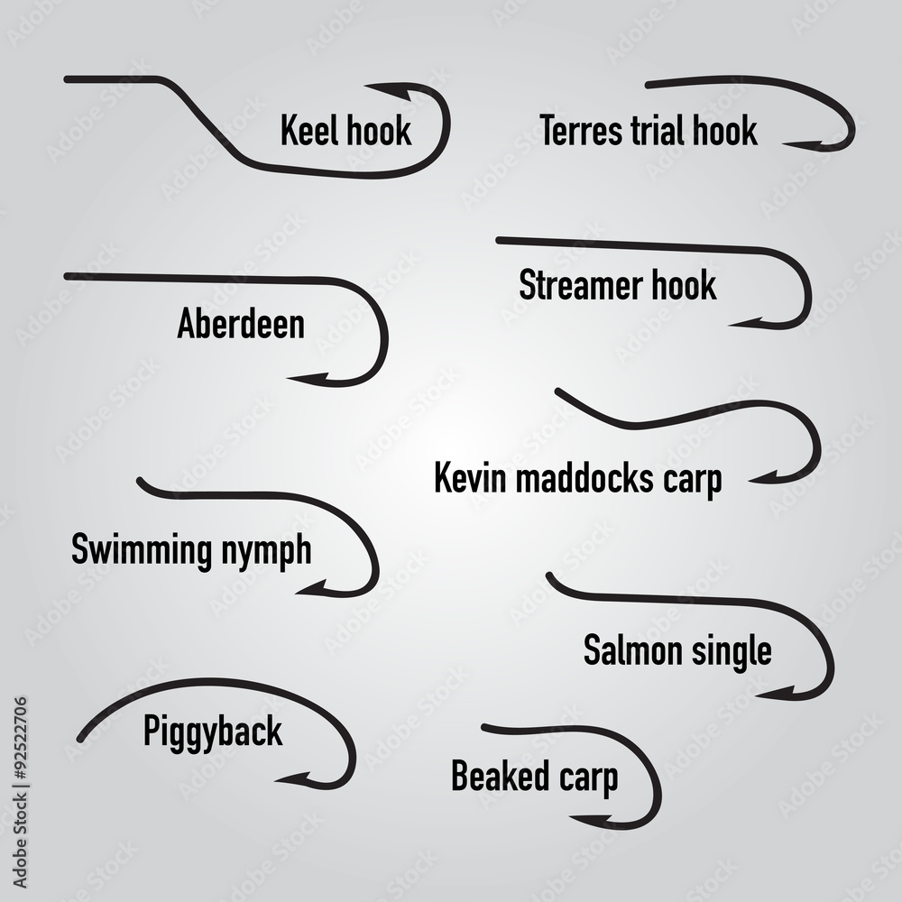 Different types of fishing hooks. Vector illustration Stock Vector