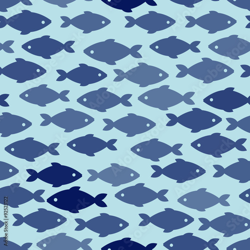 Seamless pattern with fish in blue colors. Vector illustration.