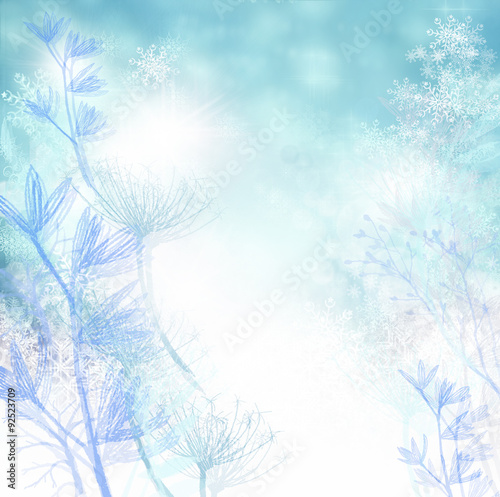 Merry Christmas  blue background with stars  crystals and snowflakes   