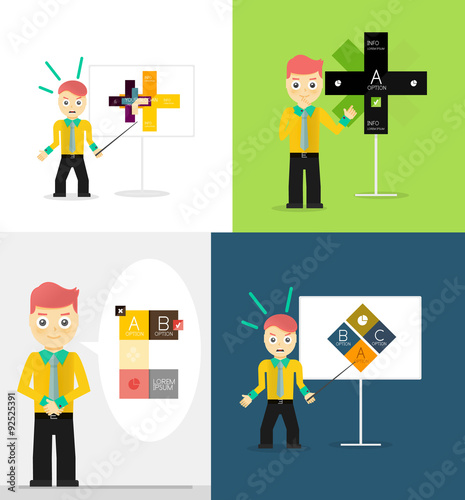 Young businessman presents his modern option infographic diagram