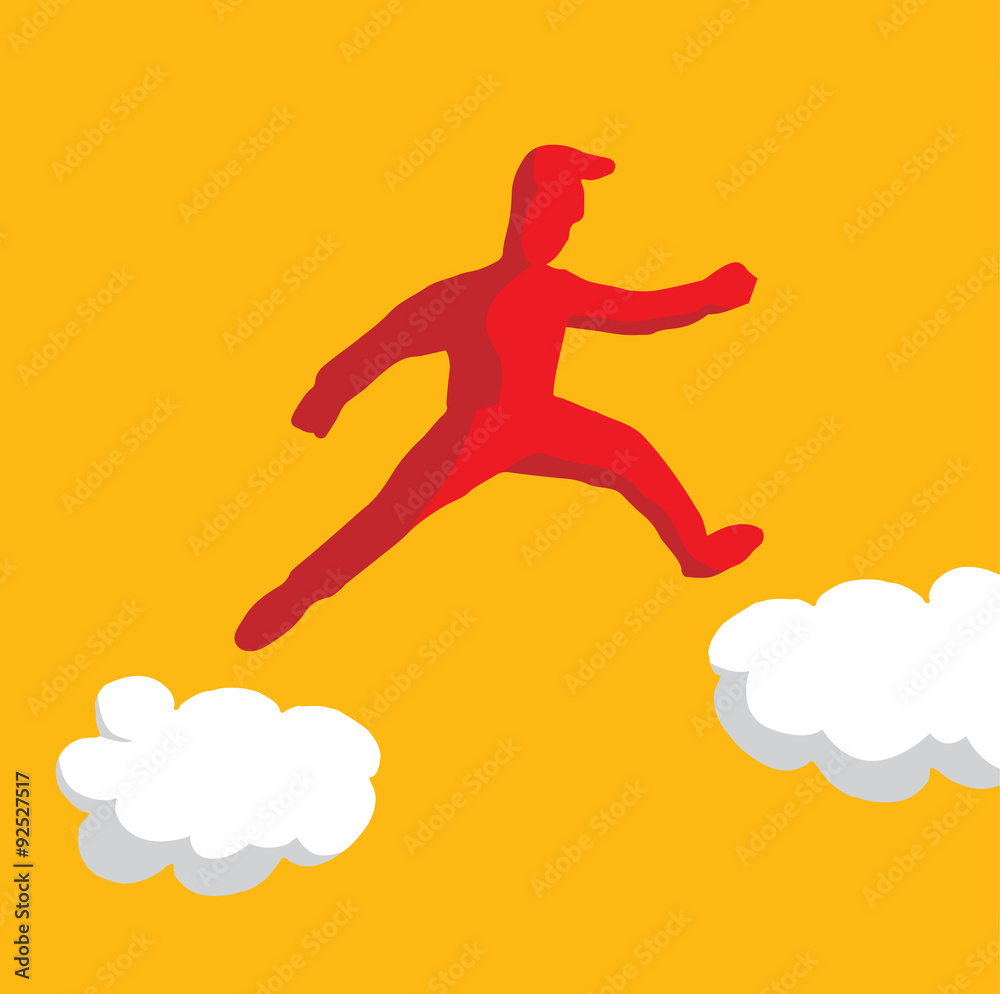 Man walking on clouds or jumping