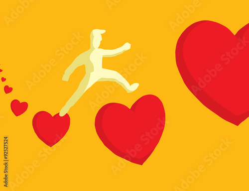 Man jumping between hearts