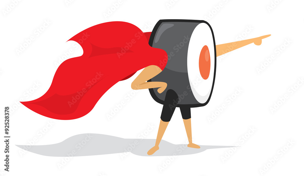Sushi roll super hero with cape pointing forward Sushi roll super hero with cape pointing forward