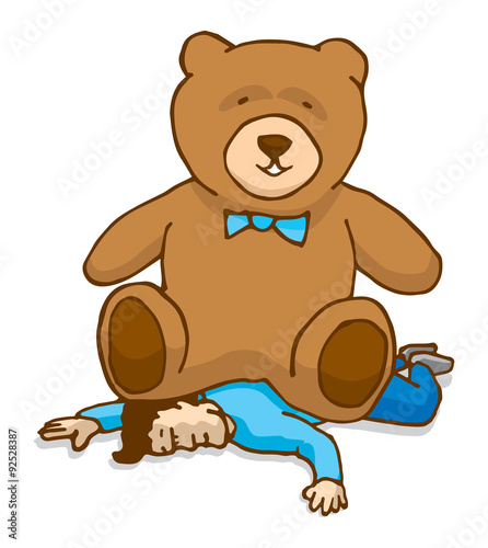 Huge teddy bear sitting on man and crushing him