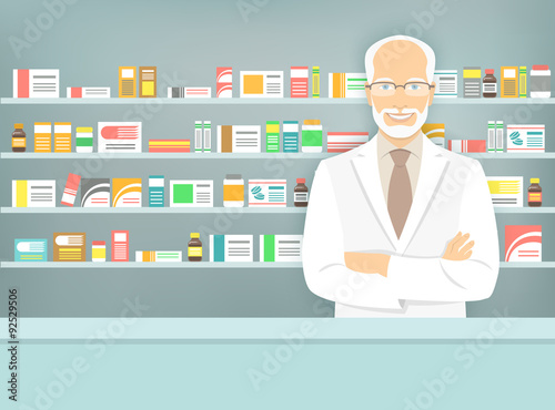 Flat style aged pharmacist at pharmacy opposite shelves of medicines