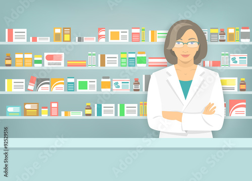 Flat style woman pharmacist at pharmacy opposite shelves of medicines