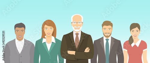 Modern flat vector illustration of business people teamwork, men and women, boss and employees in business suits. Group of business professionals horizontal banner. Start up concept 
