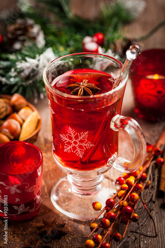 Hot wine punch with ingredients for Christmas