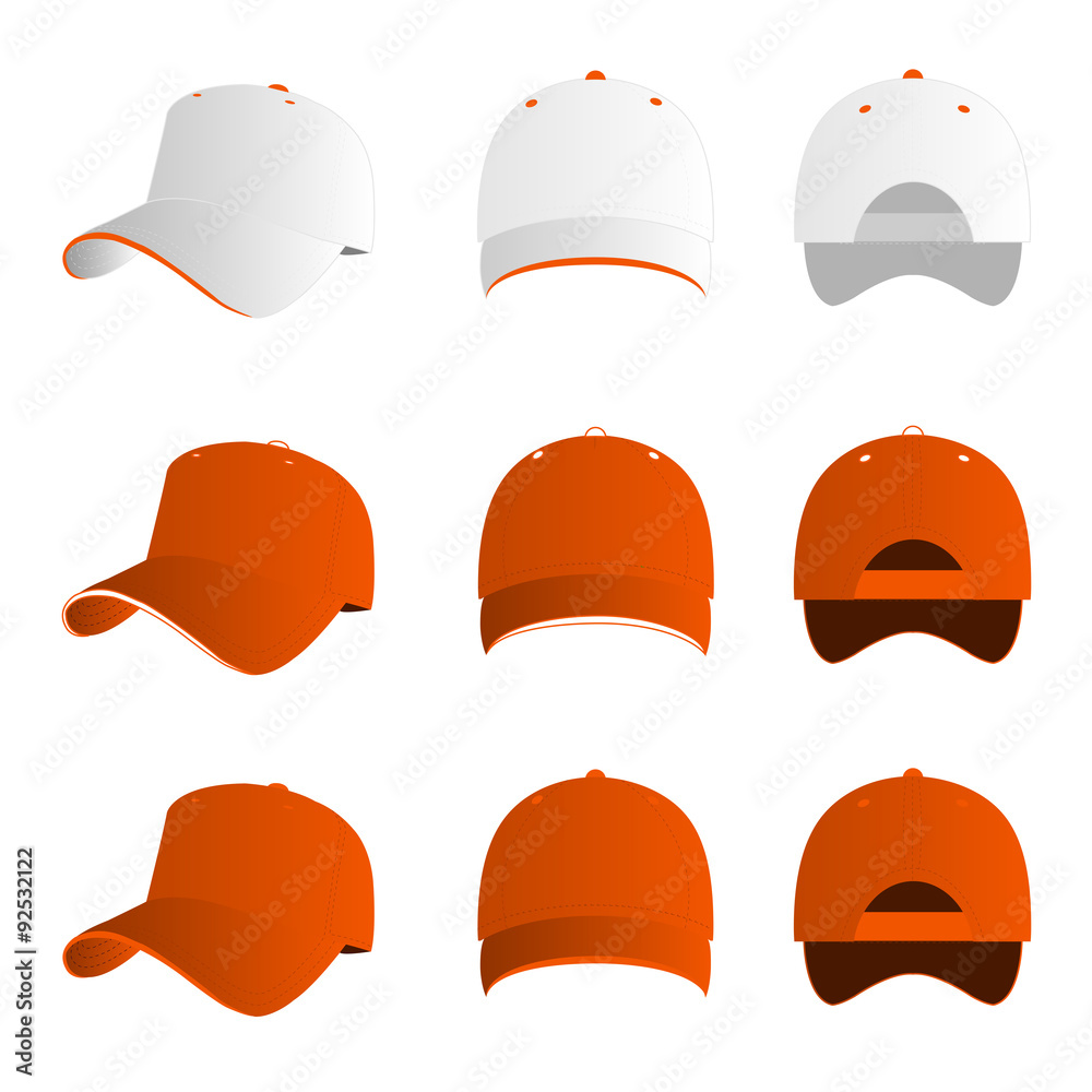 Orange baseball cap vector set Orange baseball cap vector set
