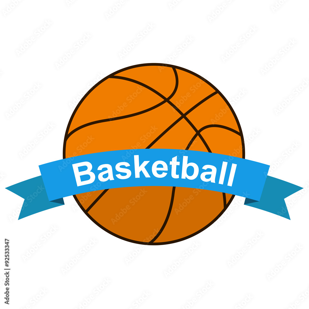 Icono plano cinta texto Basketball con balon color azul