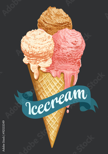 Ice cream balls waffle cone isolated on green photo-realistic