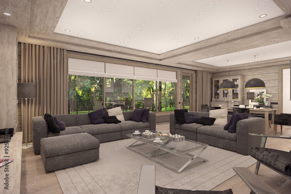 3D rendering of  living room of a country house