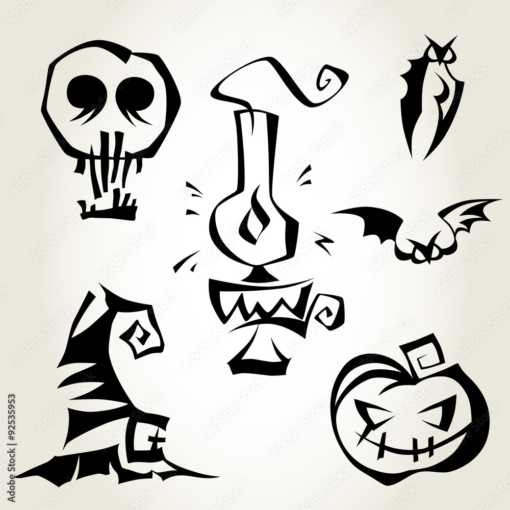 Set of Halloween symbols isolated over white background. Magical symbols for Halloween celebration. Pumpkin, bats, lantern, witch hat and a skull.