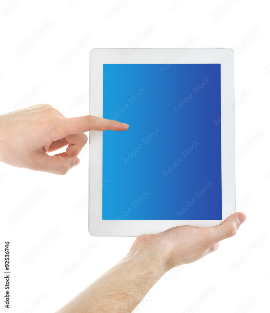 Hands holding tablet PC with blue screen, isolated on white Hands holding tablet PC with blue screen, isolated on white