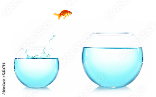 Goldfish jumping from glass aquarium, isolated on white