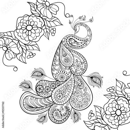 Zentangle Peacock totem in flowersfor adult anti stress Coloring