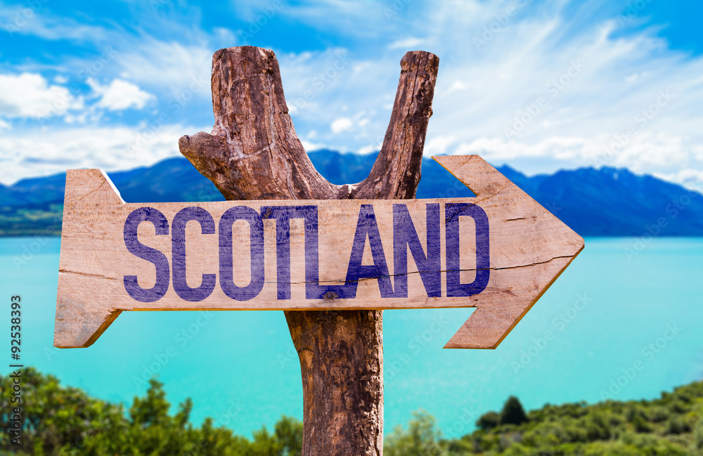 Scotland wooden sign with lake background