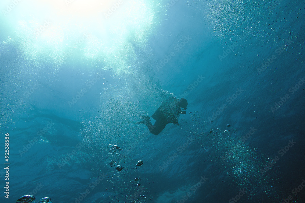 Obraz premium single diver in sea in the sunlight on a background of blue water