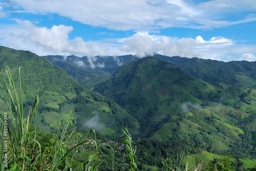 Fototapeta premium Green hill and blue sky view